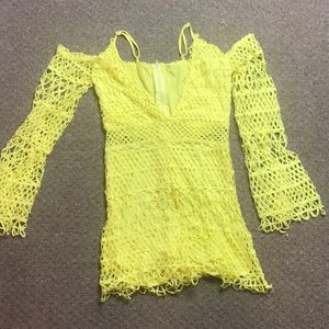 Deep V off shoulder bright yellow crochet romper